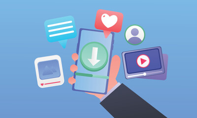 Download data on phone data transfer concept Icon.on blue background.Vector Design Illustration.