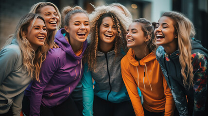 Group of young women laughing happily, dressed in sportswear. Sports, fitness and...