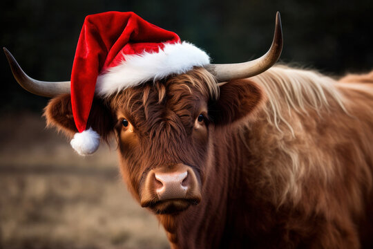 bull in Santa hat on black background. cow in Christmas hat looks at camera. Symbol of the year. chinese horoscope. Calendar. New year 2024. Holiday december, Christmas, Happy New Year