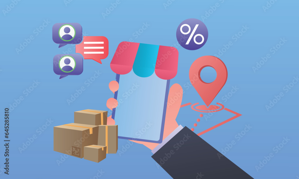 Poster simulate a shopping application. website mockup with shop icon.on blue background.vector design illu