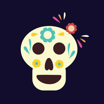 cute sugar skull with flowers on dark background