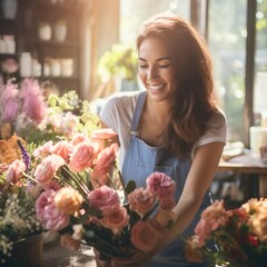 Florist in a flower shop with a bouquet of flowers. Generative AI