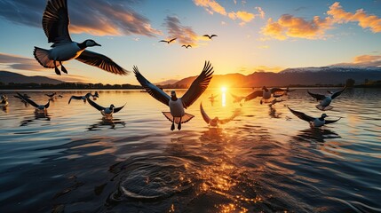 A flock of birds taking flight from a lake, capturing their synchronized movements