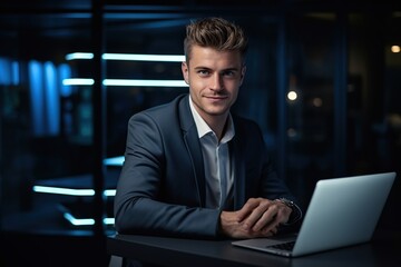 Handsome businessman professional working on aptop computer in office, Generative AI