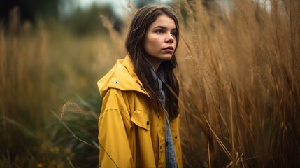Autumn Stroll Young Woman in Yellow Raincoat Amid High Grass