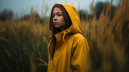 Capturing Fall Beauty Female Hiker in Yellow Raincoat