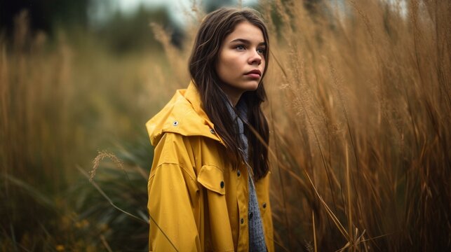 Autumn Stroll Young Woman in Yellow Raincoat Amid High Grass