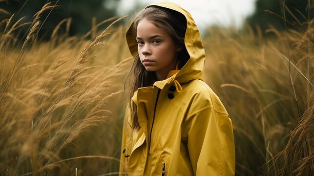 Fall Serenity Woman in Bright Raincoat in High Grass