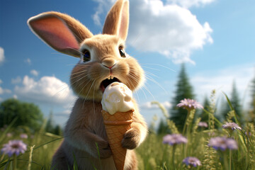 rabbit eats ice cream - obrazy, fototapety, plakaty