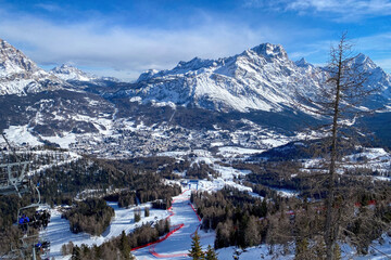 Scenic view of Tofana ski racing slope in Cortina d'Ampezzo in Italy against Cristallo Mountain
