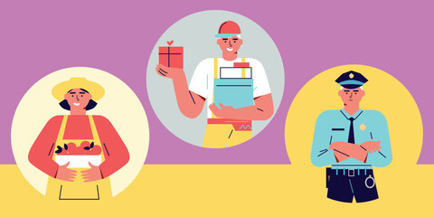 Labor day. Vector illustration in cartoon flat style. Various professions and specialists	
