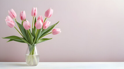 A captivating arrangement of spring's finest, a bouquet of soft pink tulips set delicately against a pastel canvas, perfect for celebrating Valentine's Day, Easter, birthdays, pink tulips in vase