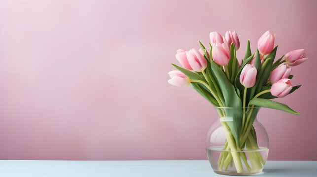 A captivating arrangement of spring's finest, a bouquet of soft pink tulips set delicately against a pastel canvas, perfect for celebrating Valentine's Day, Easter, birthdays, pink tulips in vase