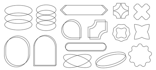 Set Of trendy hipster geometric Y2k stroke Frames, labels And Shapes