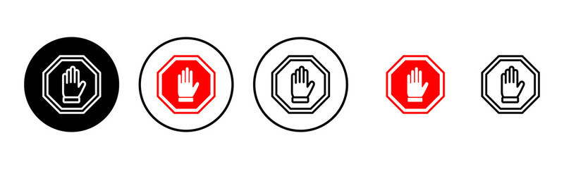 Stop icon set illustration. stop road sign. hand stop sign and symbol. Do not enter stop red sign with hand