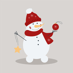 Vector flat Christmas or Happy New Year little cute snowman is standing with star and tree decoration.