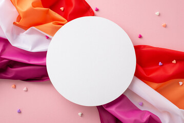 A visually appealing composition for International Lesbian Day: top view of Lesbian Pride flag, hearts, set against a pastel pink backdrop with blank circle for text or advertising