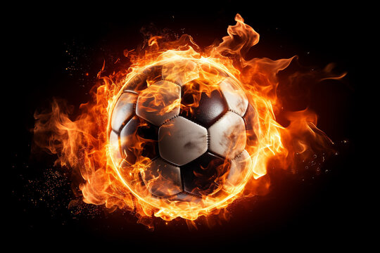 This striking image features a sport ball blazing with fire against a deep black backdrop, symbolizing the intensity and fervor of sports.