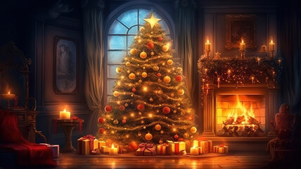 Fototapeta premium Christmas fireplace with xmas tree, presents and armchair. Generative Ai