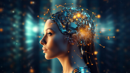 digital brain and cyborg woman head.