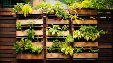 Naklejka na ściany i meble decorative wooden pots with green plants on the shelves