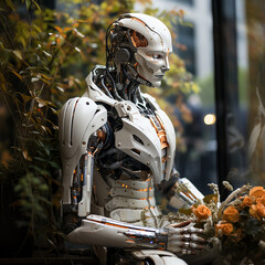Robot sitting and taking care of flowers
