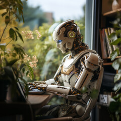 A robot sitting typing on a laptop
