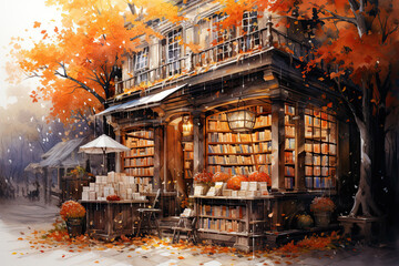 Autumn bookshop, watercolor style