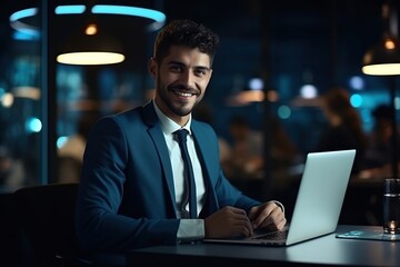 Handsome businessman professional working on aptop computer in office, Generative AI