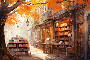 Autumn bookshop, watercolor style
