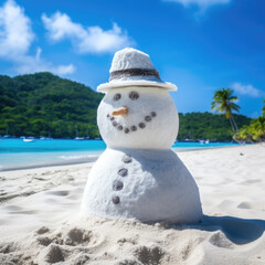 snowman made of sand on a tropical beach