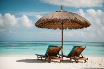 Fototapeta premium Beach chairs and umbrella on a tropical beach.