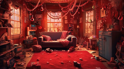 Red christams room, Bright color. Generative Ai