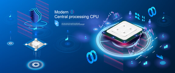 Futuristic processor with neon holographic glow-illumination. Isometric digital chip with server for rendering and data transfer. Powerful processor with server for cryptocurrency mining