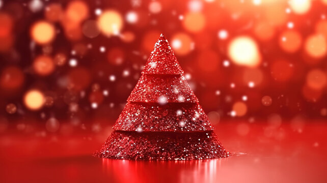 Abstract Christmas Tree With Defocused Lights On Red Glitter Background. Generative Ai