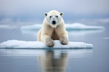 Fotobehang A poignant portrait featuring a majestic polar bear standing alone on a solitary ice floe, symbolizing the harsh realities of global warming. © Bela
