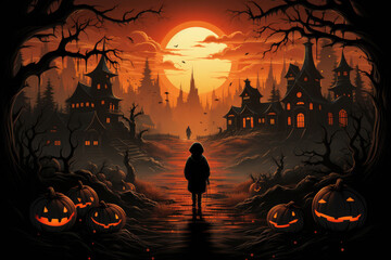 Halloween background - magical forest with lanterns and bats, glowing pumpkins, full moon, cemetery, haunted houses, fog