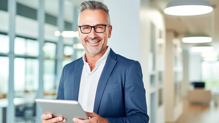 Fototapeta premium Elegant business multitasking adult man using tablet pc. Handsome businessman standing in office hall. 