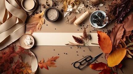 DIY crafting materials for autumn, including ribbons, dried leaves, and paints on a craft paper surface.