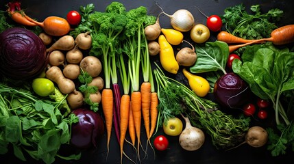 Freshly picked autumn vegetables like carrots, beets, and potatoes organized neatly on a kitchen counter.