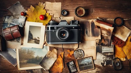 Foto op Canvas Old vintage photos of past autumns surrounded by memorabilia on a weathered wooden surface © Filip