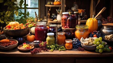 Rustic setup of homemade autumn jams, preserves, and pickles alongside fresh ingredients.