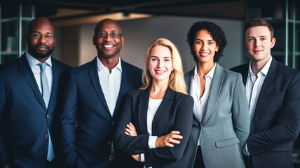 Portrait of successful multiracial business team posing in office. Diversity people group team union concept.