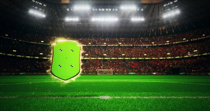 soccer match or player shield card, stadium background, visual effects, render, green keying with markers	
