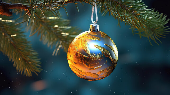 Image of ball and golden tinsel on the piny branch, Bright color. Generative Ai