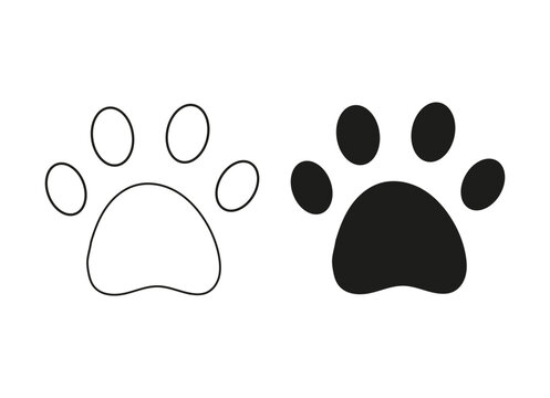 Cat paw footprint, black silhouette, outline. Vector isolated on white. Traces of tiger, lion, leopard, cheetah, jaguar, cougar, puma, lynx, serval caracal ocelot Icon clothing textile pet store
