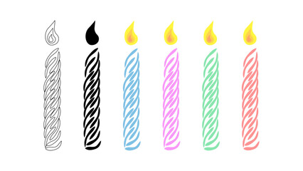 Set of festive burning multi-colored candles. Silhouette and outline. Wax spiral candles. Vector isolated on white. Decorations for birthday, Christmas, anniversary, Halloween. Candles for cake