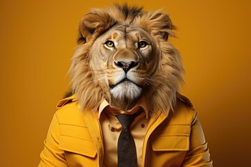 Lion wearing business suit isolated on orange background. Generative AI