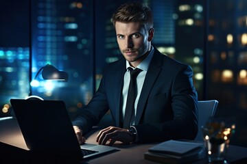 Fototapeta premium Handsome businessman professional working on aptop computer in office, Generative AI