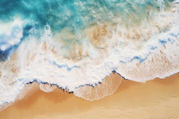 close up drone view od a wave of sea on the beach - obrazy, fototapety, plakaty